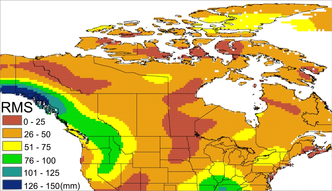 This thematic map shows the standard deviation of changes in water storage. The scale is classified from 0 to 150 mm representing water thickness equivalent.