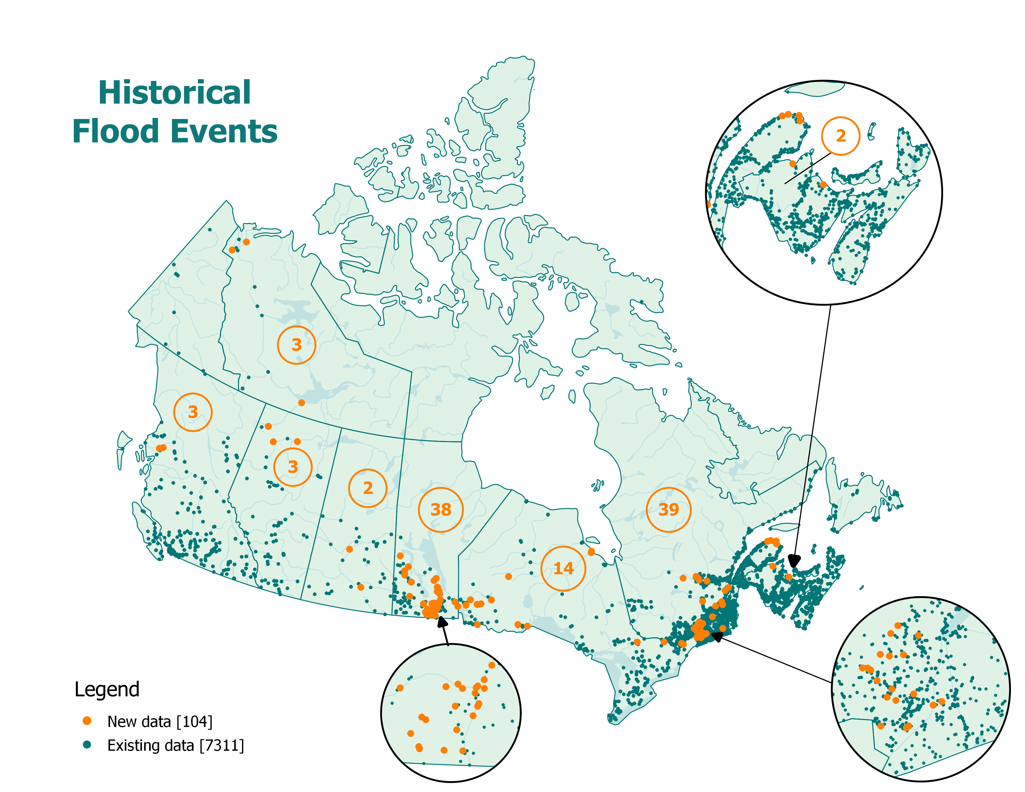 Map of Canada showing data points for historical flood events. The dark points show the 7,311 existing data points, and the 104 orange points show the new data. A total of 2 new events were added in New Brunswick and Saskatchewan, 3 in Alberta, British Columbia and the Northwest Territories, 14 in Ontario, 38 in Manitoba and 39 in Quebec.