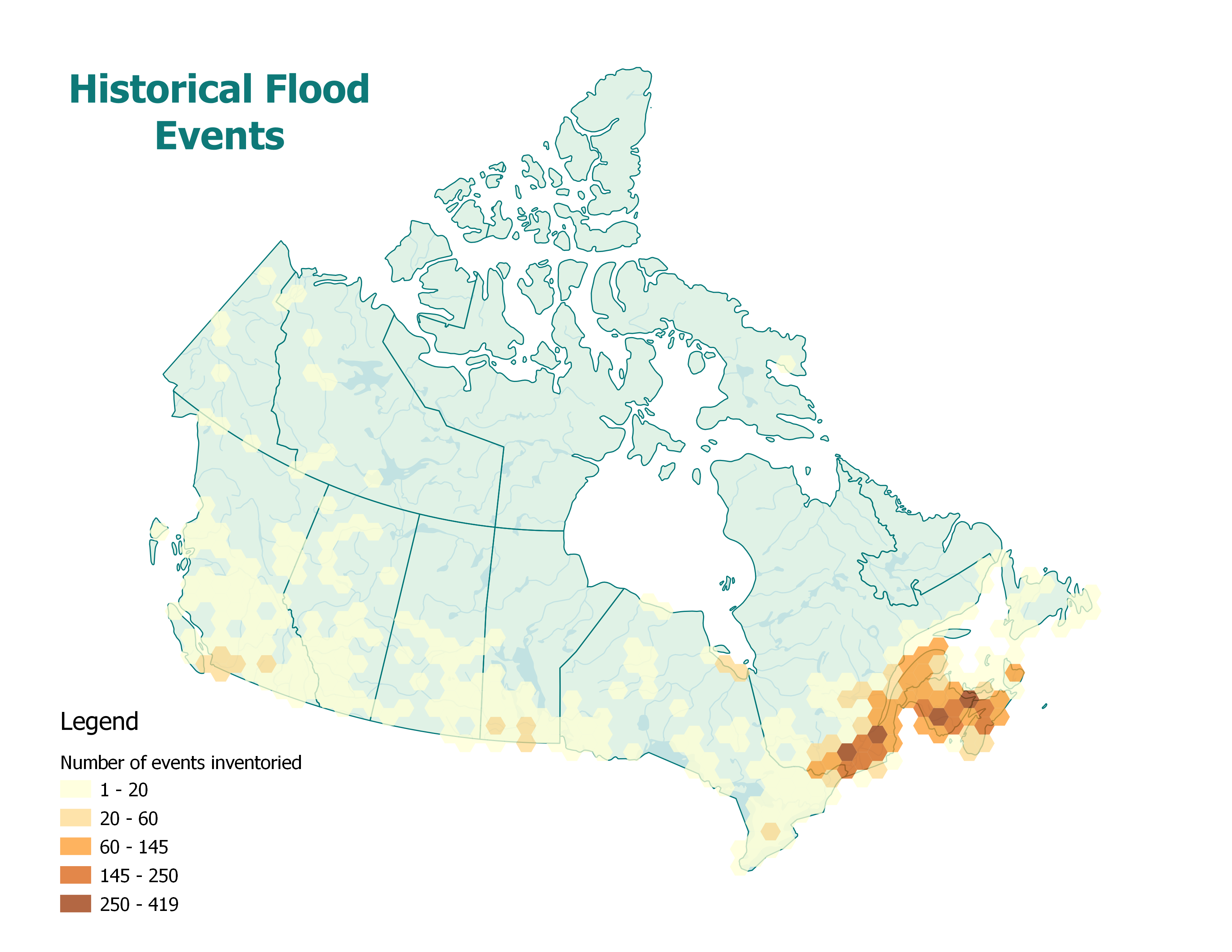Map of Canada showing the number of historical flood events inventoried. More than 60 historical flood events have been inventoried in Quebec south of the St. Lawrence and in the Maritime provinces. The areas displayed using a colour gradient from the lightest colour showing with the least number of events inventoried to the darkest colour showing the most events. 