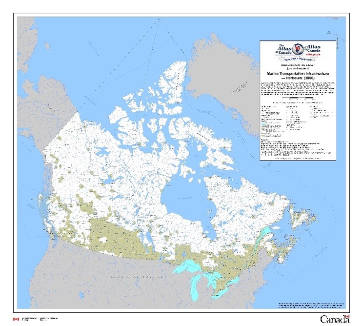 A map of small craft harbours and other marine transportation infrastructure across Canada.