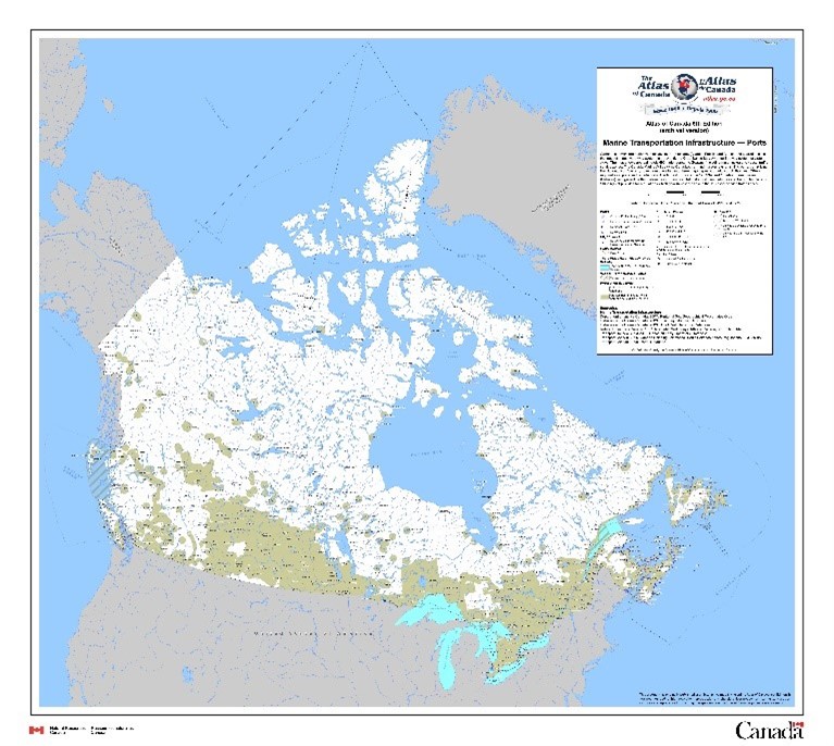 A map of ports and other marine transportation infrastructure across Canada.