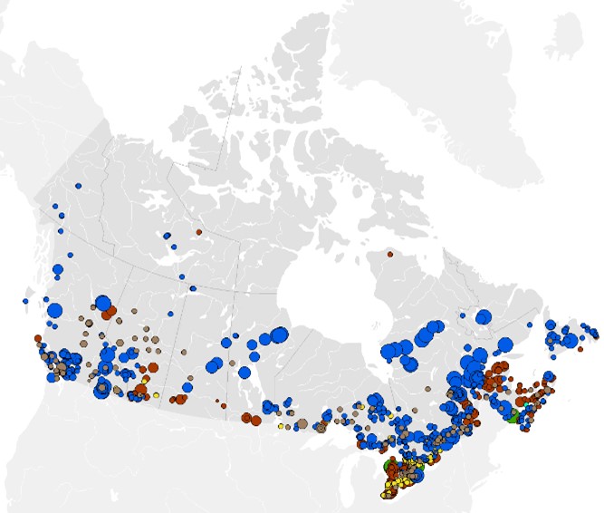 A map of Canada showing minerals and mining