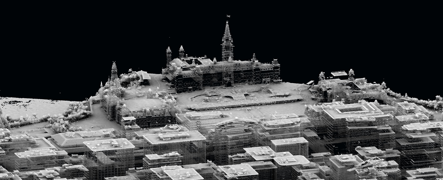 Parliament of Canada and surrounding buildings, trees and surfaces delineated by a lidar point cloud. 