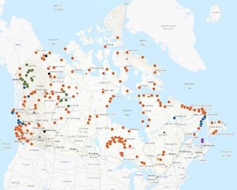 A map of Canada showing remote communities