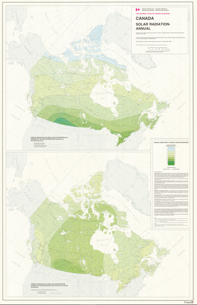 map of Canada showing annual solar radiation