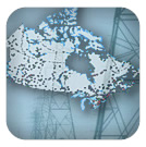 Photo of power lines and map of generating stations across Canada