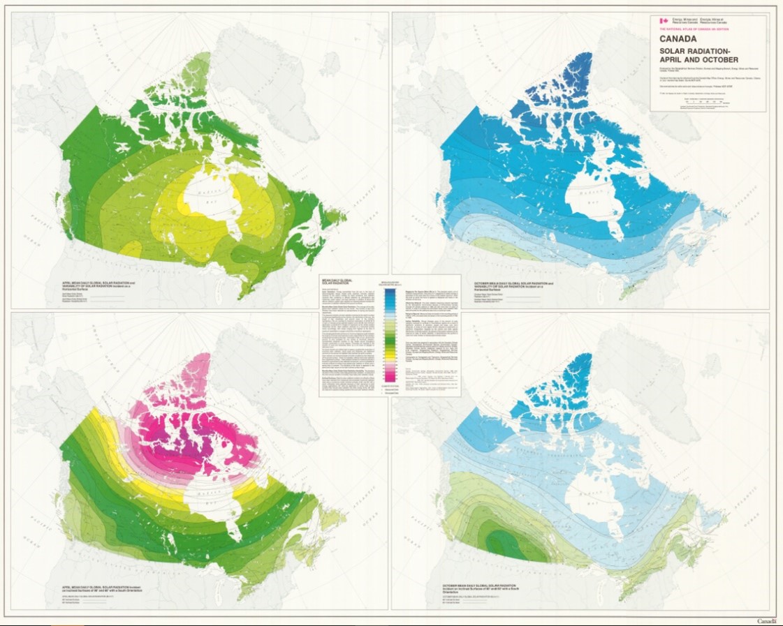 map of Canada showing April and October solar radiation