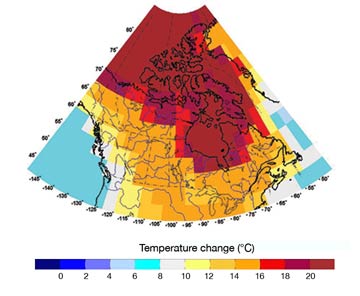 FIGURE A-2: Example of a scenario map for an ensemble scenario. This is the maximum annual temperature change projected for Canada by the 2080s.