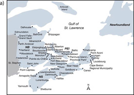 Map depicting communities in the Atlantic provinces