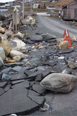 FIGURE 27: Storm-surge damage to road, April 2004, Ferryland, NL.