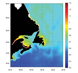 FIGURE 6: Spatial variability of storm surge with 40-year return period for the Atlantic coast of Canada, based on a 40-year hindcast (Bernier et al., 2006