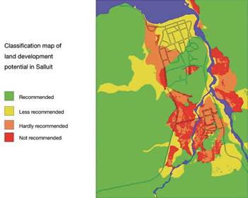 FIGURE 13: Sample map of Salluit in Nunavik, Quebec, showing vulnerability of the land with regard to infrastructure construction (Solomon-Côté, 2004).