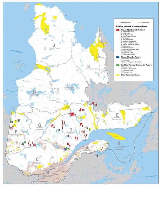 FIGURE 28: Protected areas under different jurisdictions of Quebec. Protected areas in Quebec fall under federal, provincial and municipal jurisdiction, and some protected areas are private. Quebec's conservation policy aims to create a network of protected areas covering 8% of its territory (Ministère du Développement durable, de l'Environnement et des Parcs du Québec, pers. comm., 2005).