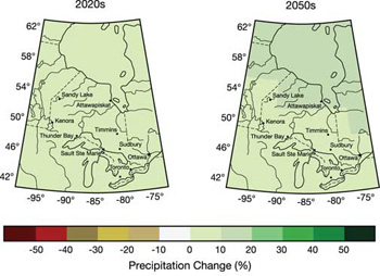 FIGURE 12: Projected annual change in precipitation (%) for the 2020s (left) and 2050s (right), relative to 1961-1990, based on the median of seven global climate models and using the emissions scenarios of the Special Report on Emissions Scenarios (SRES).and precipitation derived from suite of scenarios on plot. (see Appendix 1 of Chapter 2 for details).