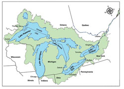 Figure 14: Map illustrating the Great Lakes basin, surrounding provinces and states, and the Canada - United States border