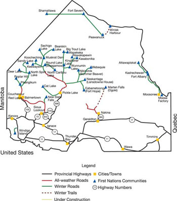 FIGURE 25: Communities and road networks in the north subregion and the western part of the central subregion (see Figure 1). Winter roads and trails are critical for accessing communities of the north subregion (Ontario Ministry of Northern Development and Mines, 2006a).