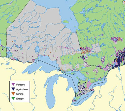 FIGURE 3: Communities in Ontario more than 30% reliant on resourcebased industry (Natural Resources Canada, 2001).