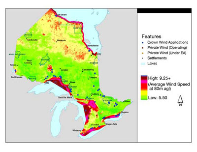 FIGURE 6: Wind power resources in Ontario (Ontario Ministry of Natural Resources, 2006a).