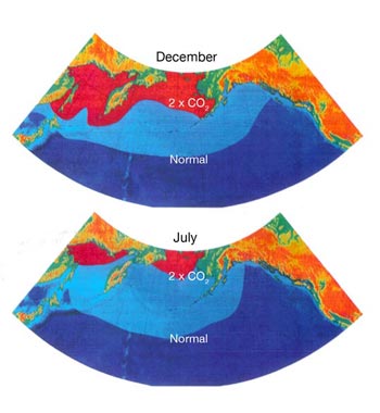 FIGURE 6: Current and projected (under a scenario of 2 x CO2) distribution of thermal limits controlling the distribution of sockeye salmon in the north Pacific Ocean for December and July (Natural Resources Canada, 2000).