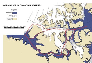 FIGURE 7: The primary (solid line) and alternative (dashed lines) routes for the Northwest Passage,shown on a map of historical average ice conditions for September 3 (1971-2000) (courtesy of Humfrey Melling, Fisheries and Oceans Canada, and Environment Canada).