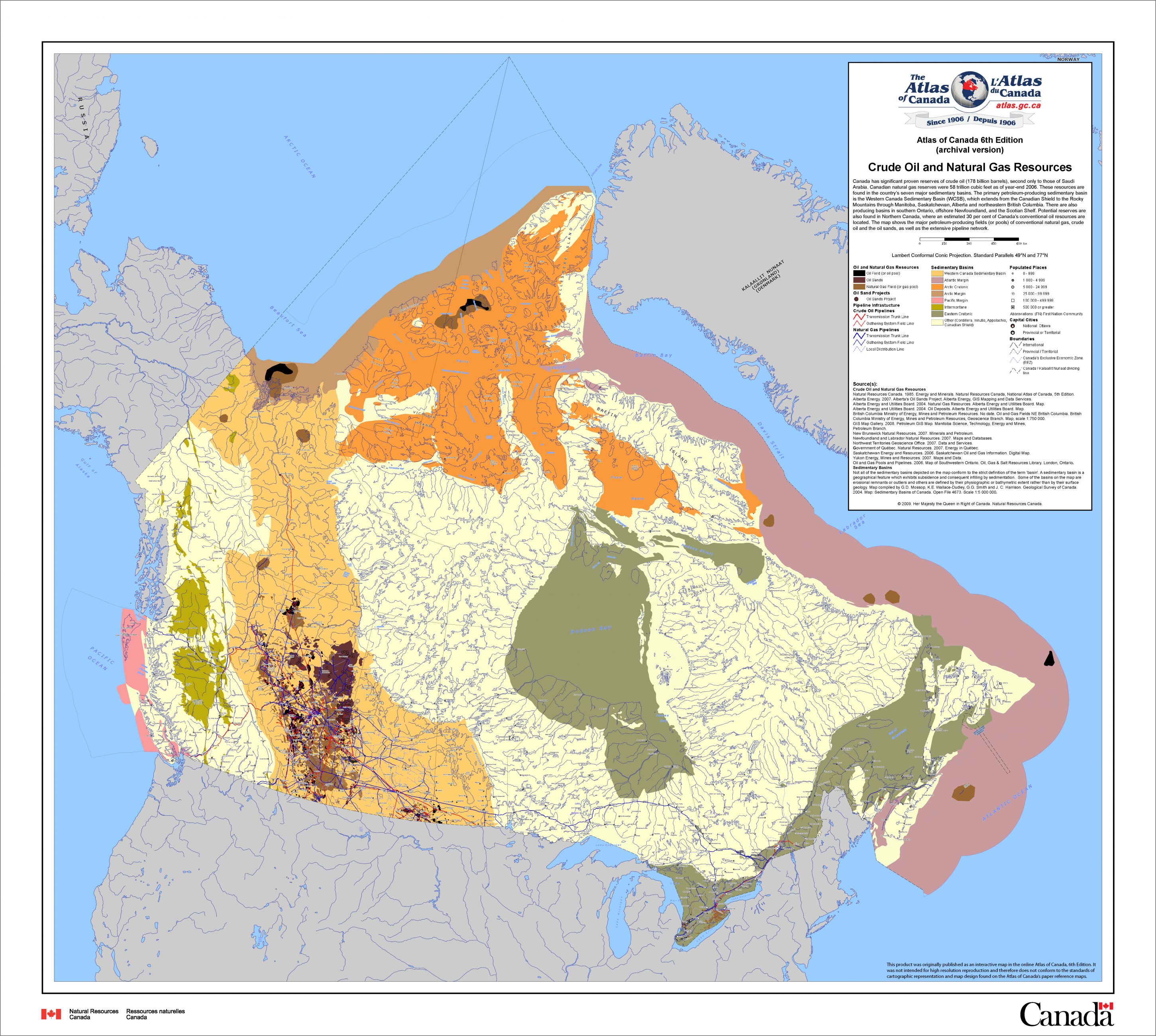 A map of Canada showing Crude Oil and Natural Gas Resources