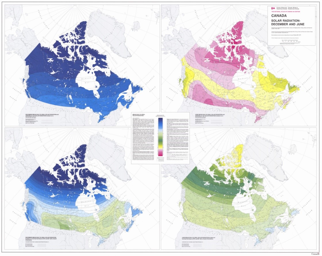 map of Canada showing December and June solar radiation