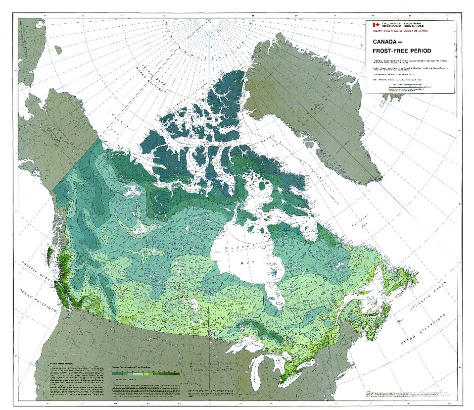 map of Canada showing frost-free period