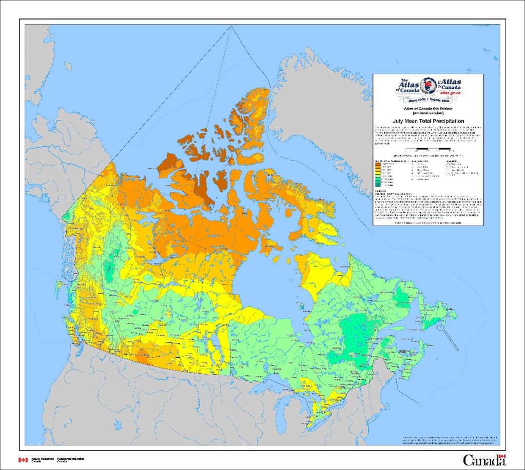 map of Canada showing July Mean Total Precipitation