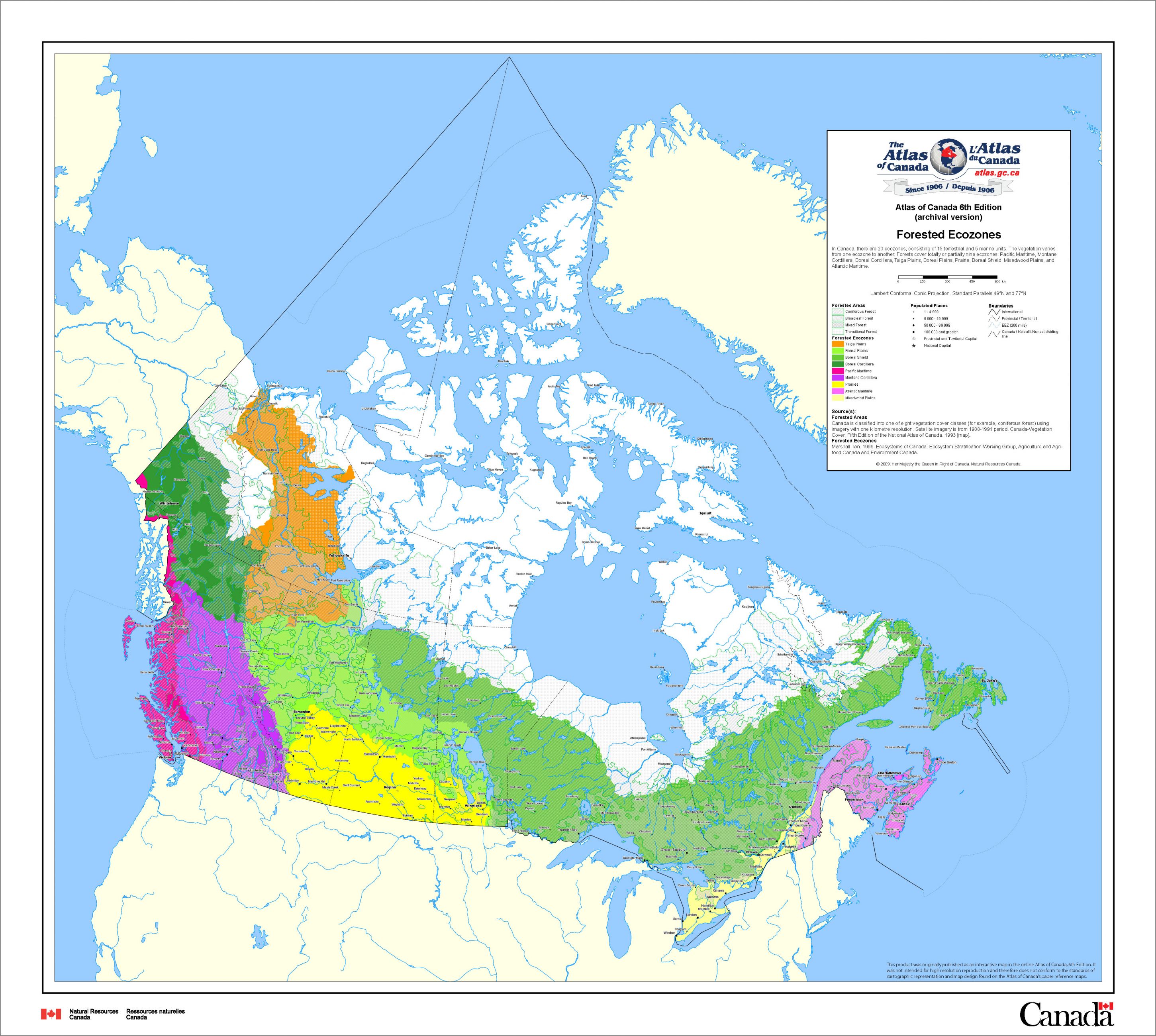 map of Canada showing Forested ecozones