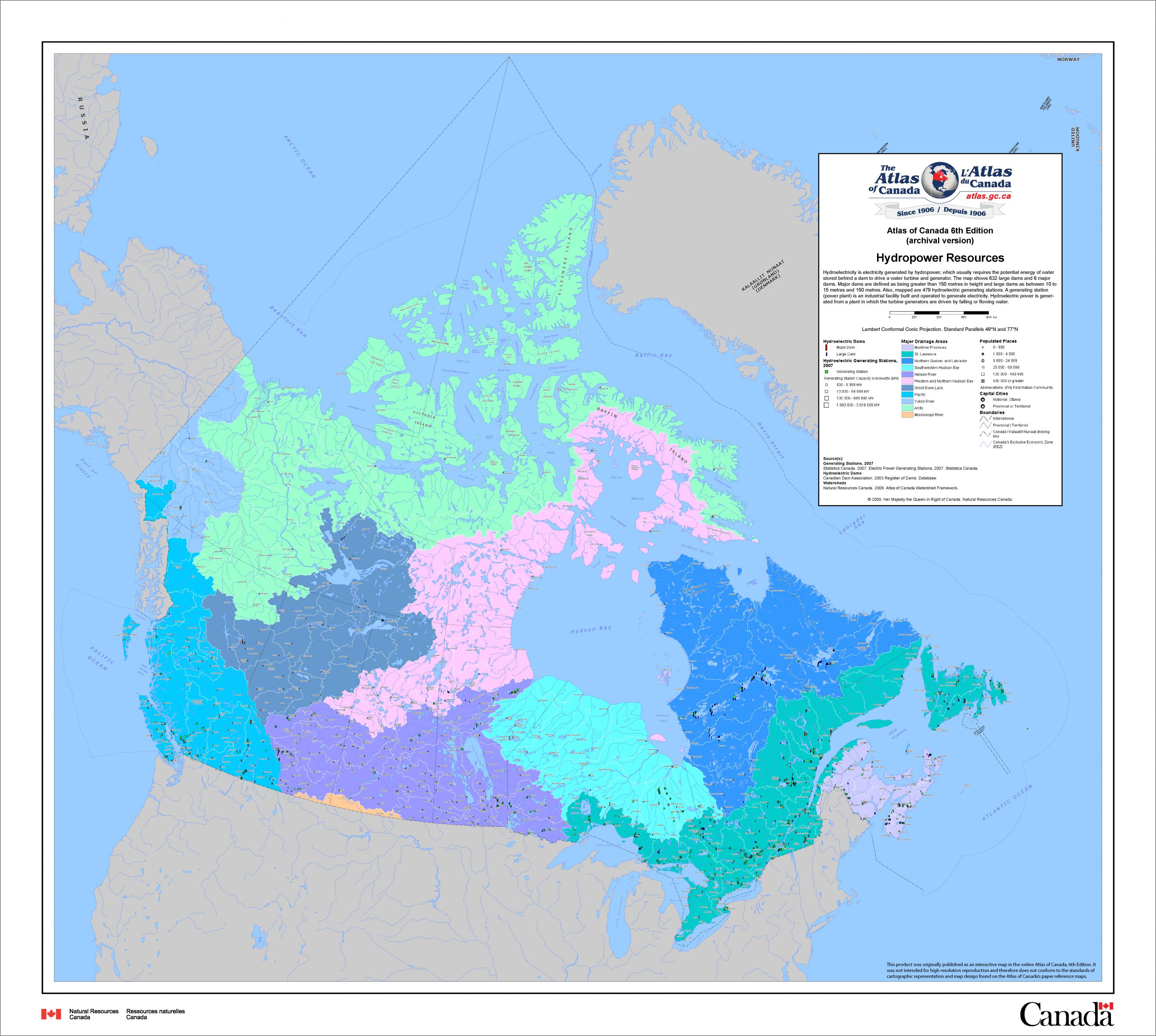 A map of Canada showing Hydropower Resources