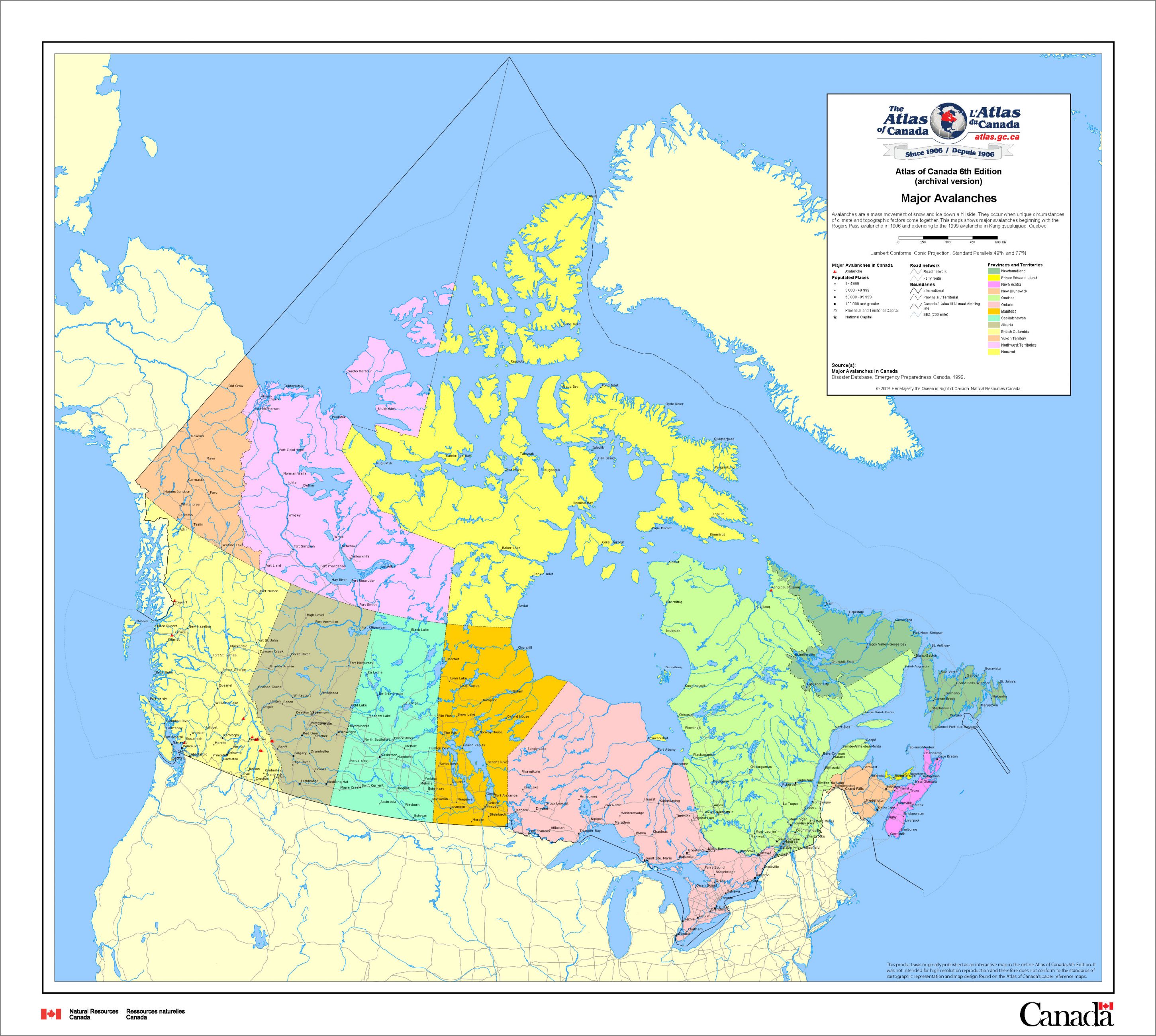 map of Canada showing Avalanche zones