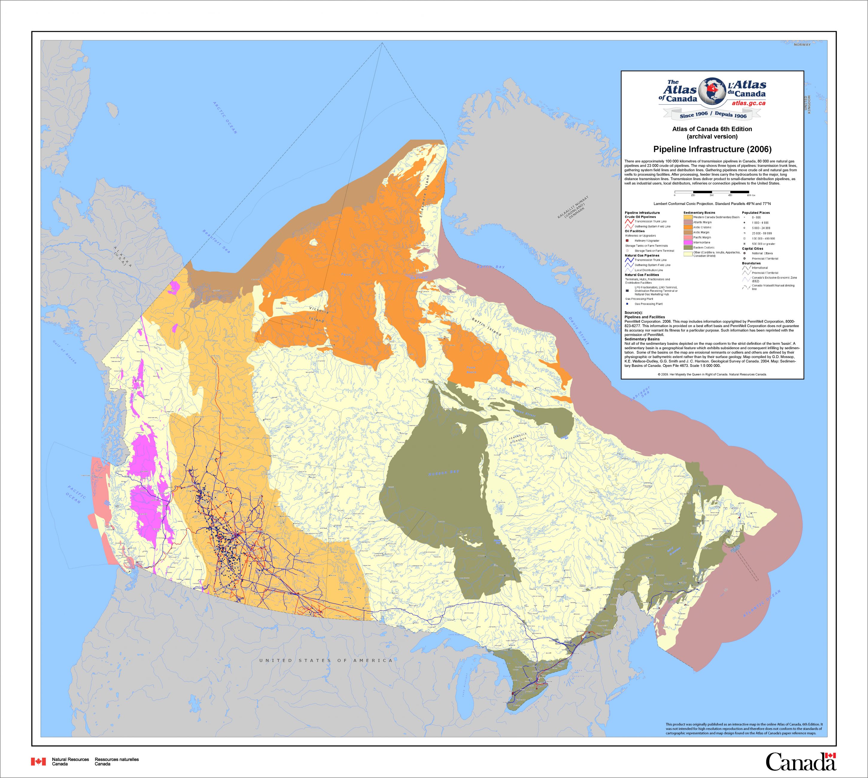 A map of Canada showing pipelines