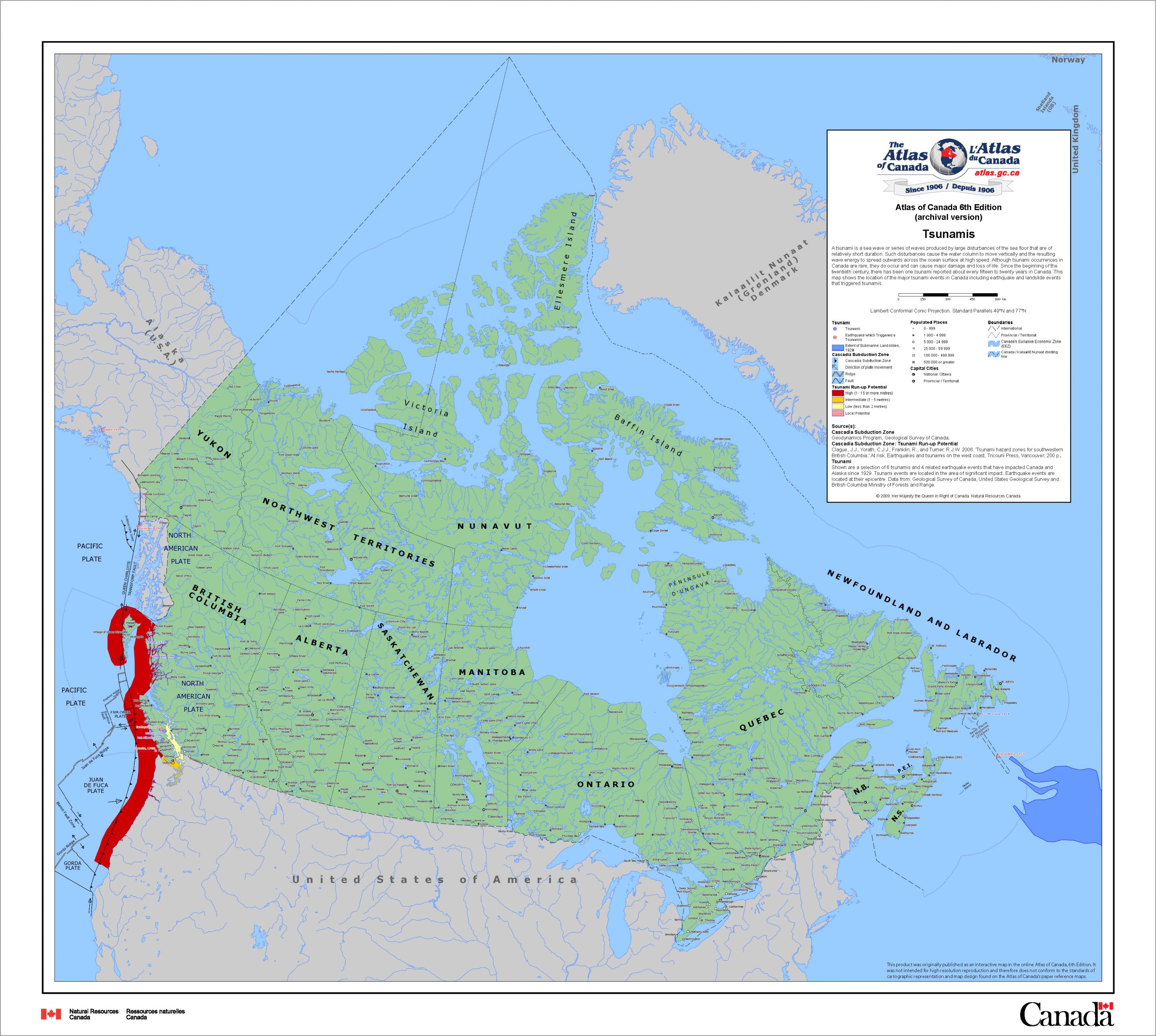 map of Canada showing Tsunami zones