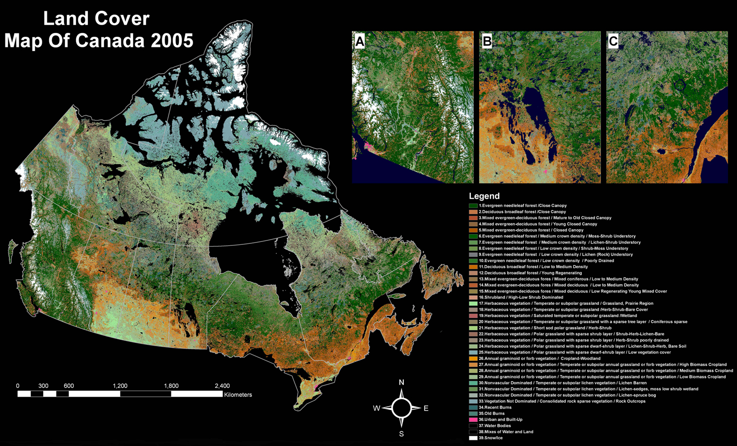 This map shows the status of land cover across Canada in 2005. As noted in the text, an important set of satellite images were geometrically and radiometrically corrected, refined and integrated to generate this product. This map includes a legend covering 39 items, most of which refer to various types of plant coverage.