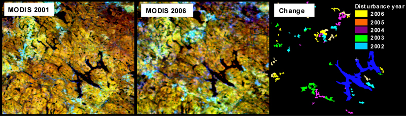 Three maps showing an example of change detection. Two products are satellite images acquired at five year intervals while the third is a derivative product that shows the location of forest changes during this interval. The third product is accompanied by a legend that locates disturbances occurring in each year.