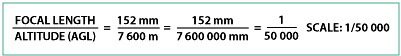 A visual example calculation, using focal length=152mm and AGL=7600m in the ratio equation, the scale would be 1/50000. Apply the ratio between focal length to Above Ground Level. In this case 152mm/7600m. The scale is 1/50000 in this example.