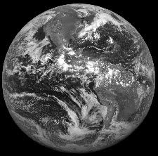 Hemispherical image of the Earth's surface acquired by a geostationary satellite in equatorial orbit at an altitude of 36,000 km
