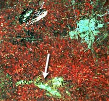 Crops damaged by tornado (lower centre)
