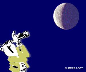 Graphic showing the moon being observed through a telescope