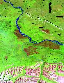 The image has a predominant green component with some blue tones in the water bodies due to sediment