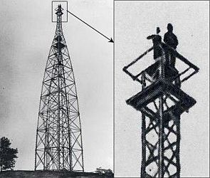 Left: Technicians atop wooden observing tower with a sky background. Right: Close-up of technicians on top of tower