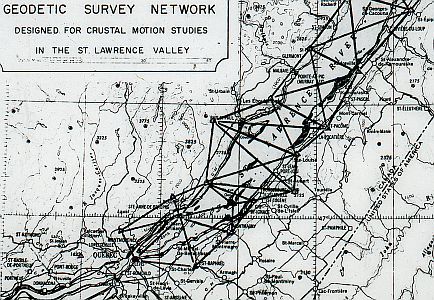 Map of the St-Lawrence with the geodetic survey network in black lines across the St-Lawrence