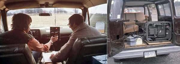 Left: Technicians in a van operating a console. Right: ISS in the back of a van