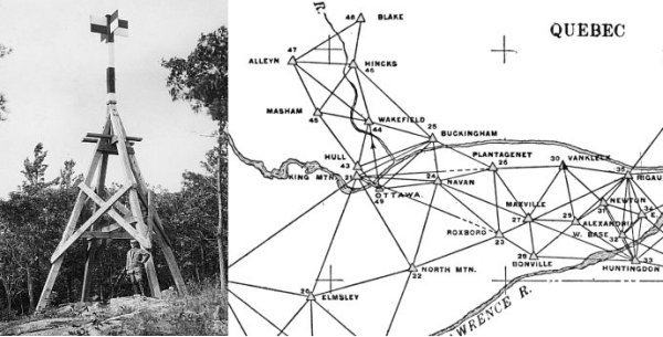 Left: Triangulation station on a rocky outcrop. Right: Map of triangulation network between Ottawa, Ontario and Rigaud Quebec