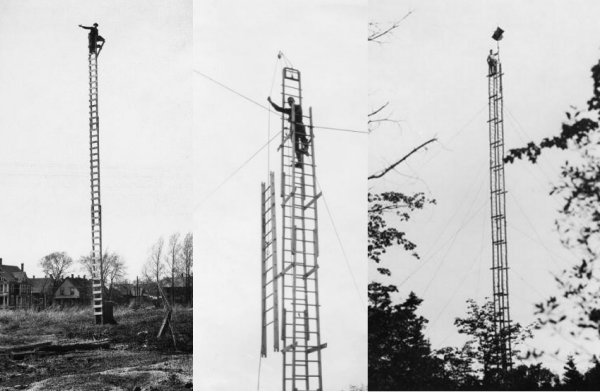 Left, middle and right: Technicians on top of reconnaissance towers in the field