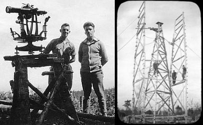 Left: Two technicians standing next to theodolite in the field. Right: Three technicians on timber towers in the field