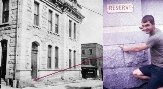 Left:  Outside of Post Office with red arrow pointing at benchmark number 1 on side of building.  Right: Technician kneeling by the side of the building pointing to the number 1 benchmark