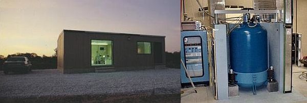 Left: Outside of CAGS station at dusk. Right: Absolute gravimeter installed indoors with computer to the left