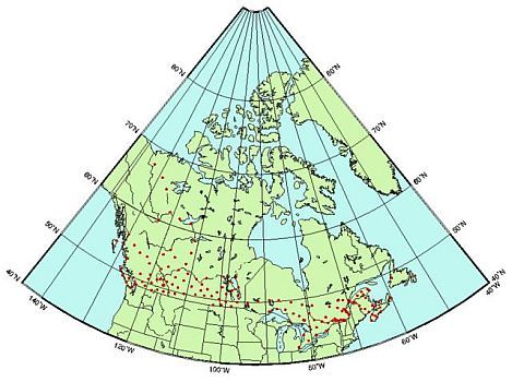 Map of Canada showing 150 gravity observations with red dots across the country