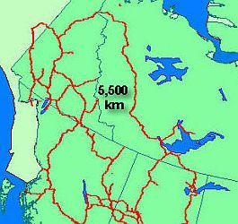 Map of Northwest Canada showing the 5500 km levelling loop in red